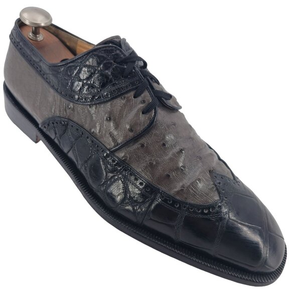Mauri Italy Men 15 Exotic Alligator Ostrich Dress Shoe Grey Black Wingtip Oxford - Picture 1 of 13